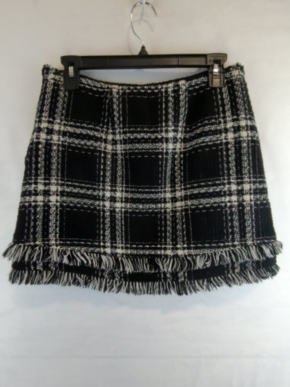 Vintage Betsey Johnson Tweed Mini Skirt Black Ivory Boucle Plaid Fringe Hem M/30